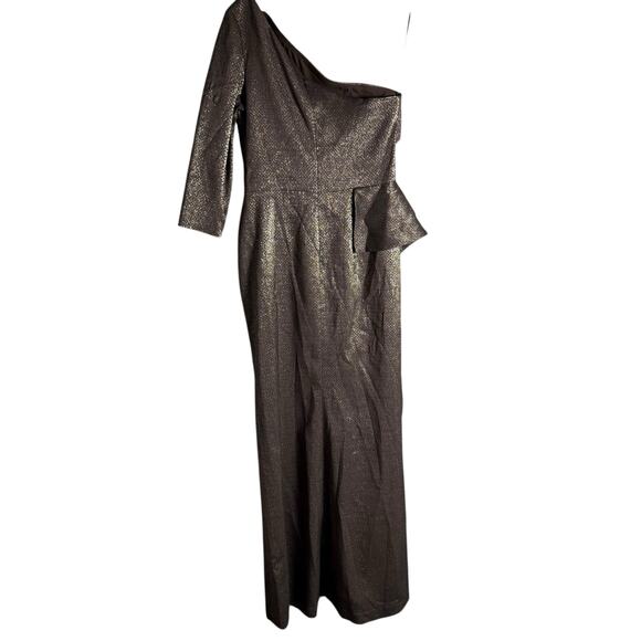 Rickie Freeman Teri Jon Bronze One Shoulder Jacquard Peplum Formal Gown 16 - Picture 11 of 13